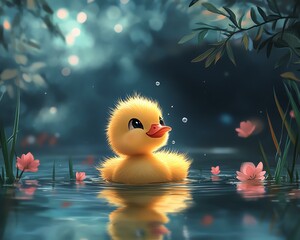 Cute yellow duckling swimming in a serene pond surrounded by flowers and nature, evoking a sense of tranquility.