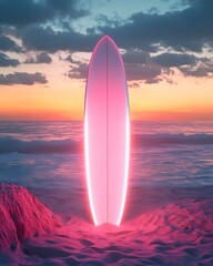 A vibrant surfboard stands on the beach at sunset, surrounded by stunning ocean waves and a colorful sky.