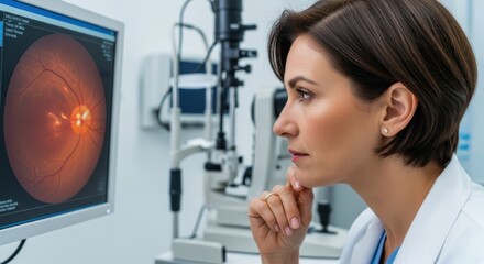 Caucasian female doctor examining eye scan image on computer in medical office