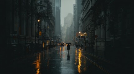 Fototapeta premium Solitary city stroll rainy night dramatic urban scene