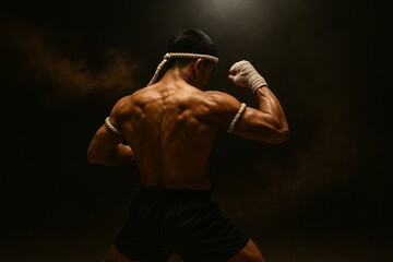 Powerful Muay Thai Fighter in Action Pose Highlighting Strength and Discipline