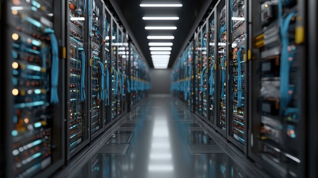 Modern server room interior network servers and data center technology - Powered by Adobe