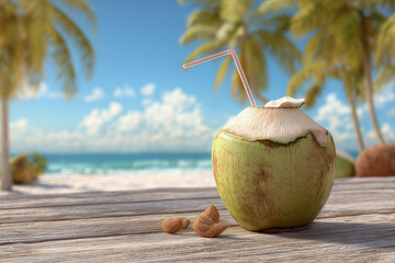 Fresh Coconut Drink with Straw on Tropical Beach