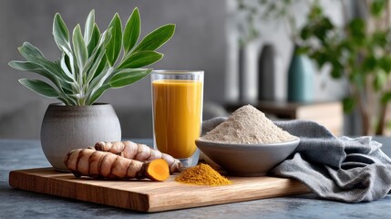 Turmeric drink ingredients on a wooden board