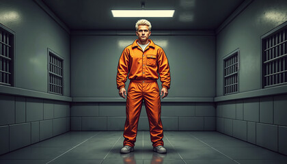 Male prisoner standing confidently in orange jumpsuit in jail cell  