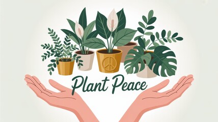 Illustration of hands cradling potted plants with a focus on plant peace and nature's tranquility in a cheerful setting. Vegan Day