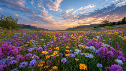 Colorful wildflower meadow in full bloom at sunrise, surrounded by mountains and glowing skies in spring.