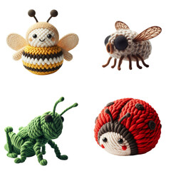 A set of insect-shaped toys in bright colors representing a bee, a fly, a grasshopper and a ladybug, knitted from textured yarn, isolates on a transparent background