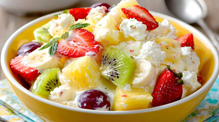 Fresh fruit salad with strawberries, bananas, kiwi, pineapple and grapes mixed with cottage cheese in a yellow bowl, close-up