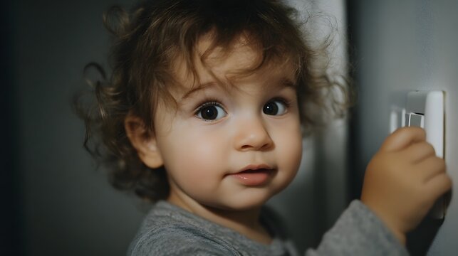 A curious child turning on a light switch in a home setting