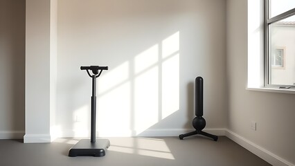 Minimalist home gym with sleek equipment and neutral tones, bathed in natural light.