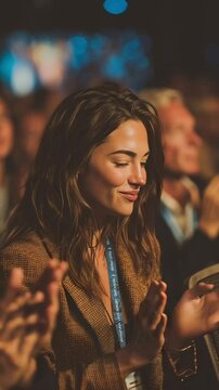 A young woman smiles and looks inspired while attending an event, surrounded by an applauding audience.