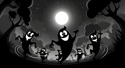 Naklejka premium Playful Ghosts Under the Moon : halloween background