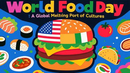 Colorful text and multi country cuisine burgers represent the fusion of food culture, used in international food festivals and cultural exchange scenes.