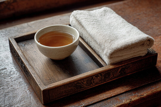 木製の和風トレイに置かれた麦茶とおしぼり