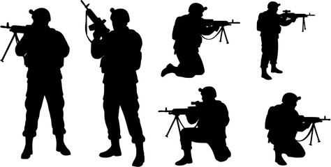 Obraz premium vector silhouette of army military with machine guns on white background . Generative AI 