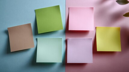 Fototapeta premium Creative brainstorming session with colorful sticky notes on pastel background office workspace minimalist aesthetic