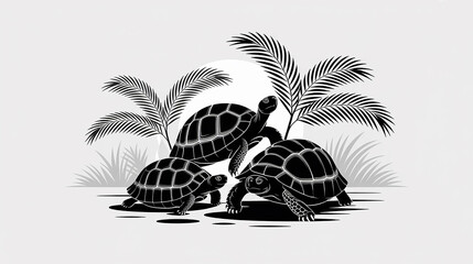 Silhouette of Three Tortoises in Tropical Paradise  A Monochrome Illustration