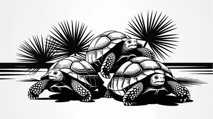 Majestic Tortoises in Tropical Paradise A Black and White Illustration