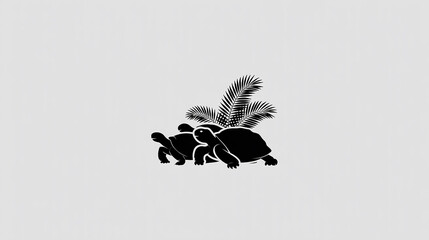 Silhouette of Two Turtles Mating with Palm Fronds