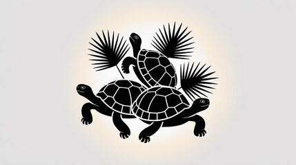 Three Turtles Silhouette with Palm Fronds Elegant Nature Illustration