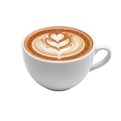 A cappuccino with a beautiful latte art design in a white cup offers a visually appealing beverage presentation, suitable for cafe menus and coffee lovers.