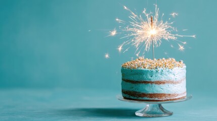 Delicious blue cake with sparkler festive birthday treat