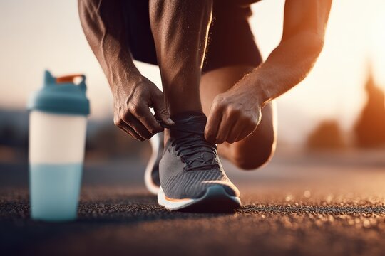 Close up of a male athlete tying his running shoes before a workout, with a sports bottle and water shaker on the side