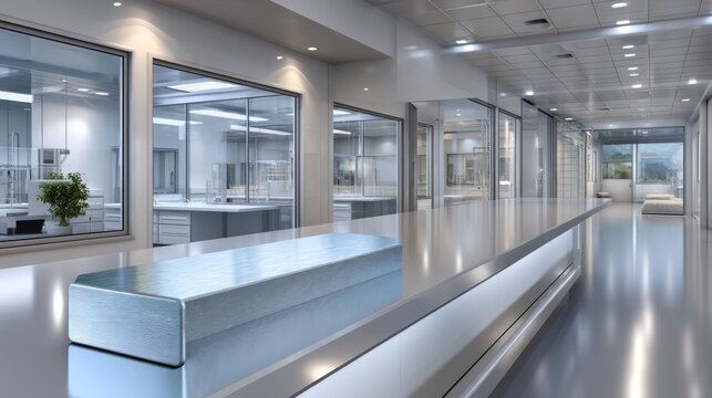 Modern, bright lab interior with a light-gray rectangular object on a counter