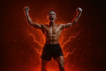 Dynamic Muay Thai Fighter Celebrates Victory with Energy and Power