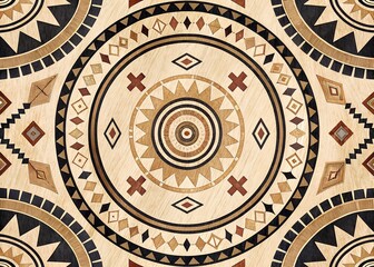 Intricate circular wood inlay pattern with geometric tribal motifs