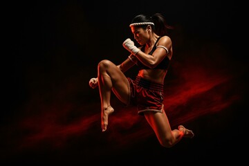 Dynamic Muay Thai Fighter in Action - Female Martial Artist Performing Flying Knee Kick
