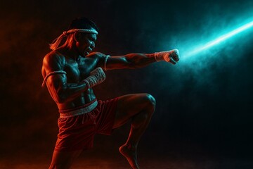 Dynamic Muay Thai Fighter in Action - High Contrast Lighting
