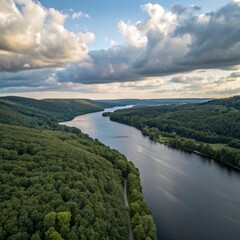 Aerial View of River Winding Through Lush Forest Landscape