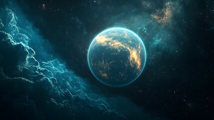 Fototapeta premium Glowing alien planet with luminous atmosphere and distant stars