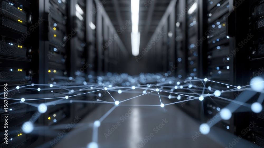 Poster abstract network connection glowing data flow in server corridor