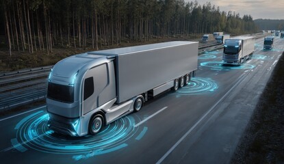 Autonomous trucks on a highway,  digital interface shows connectivity
