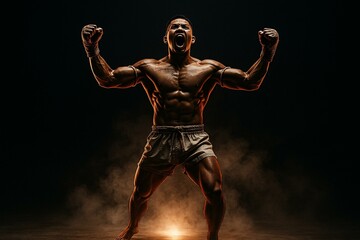 Powerful Muay Thai Fighter Celebrating Victory in Intense Battle Stance