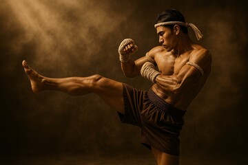 Powerful Muay Thai Fighter in Dynamic Kick Pose