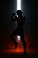 Silhouette of a Muay Thai Fighter in Action with Dramatic Lighting and Smoke