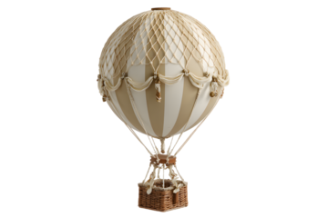 A classic hot air balloon featuring vertical stripes in soft cream and beige tones.