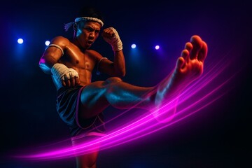 Vibrant Muay Thai Fighter Performing a Powerful Kick with Dynamic Lighting