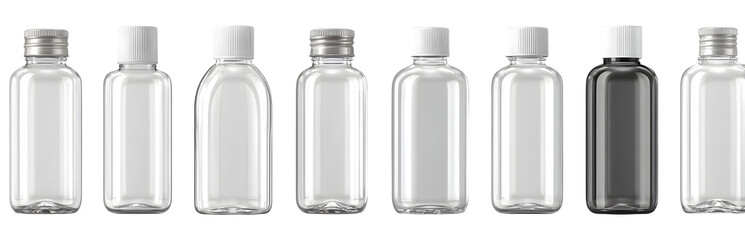 Empty Clear Plastic Bottles with White Caps Display Isolated on transparent background