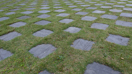 This image displays a grid pattern of square, light grey stepping stones set into a vibrant green...