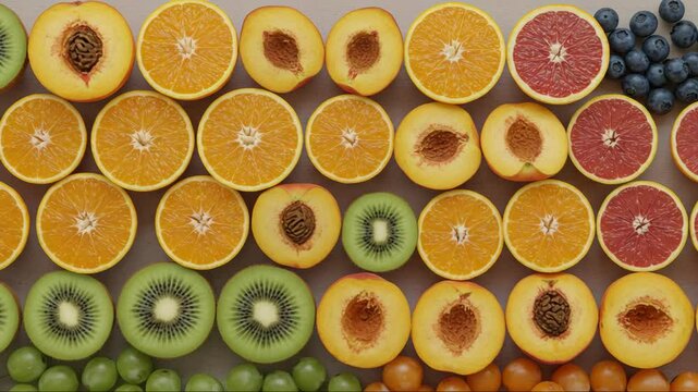 Assorted sliced colorful fruits arranged in rows, studio shot
