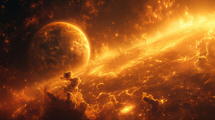 Obraz premium Blazing solar storm engulfs distant planet. A fiery cloud arc wraps around space terrain. Suitable for sci-fi media, posters, or space-themed concepts.