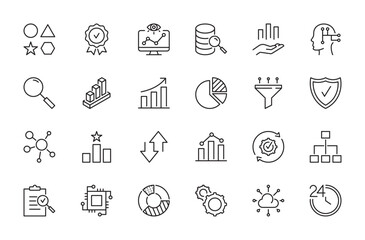 Data analysis icon set. Analytics, variety, validity, donut chart, processing, search, filter, mind map, ranking, traffic, optimization, evaluate, hardware, etc. Vector illustration. Editable stroke.