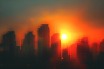 Pixelated sunset illuminating city skyline with warm red and orange hues