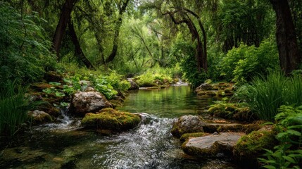 Obraz premium Serene forest stream lush greenery mossy rocks and flowing water
