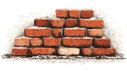 Obraz premium Stack of weathered orange bricks with white deposits, sketched with rough shading